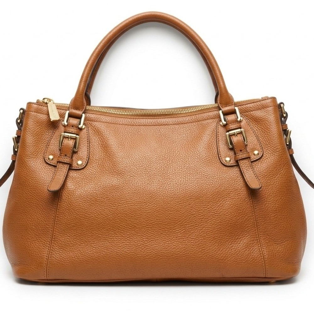 Kattee Brown Pebbled Leather Chic Satchel Shoulder Bag Gold Hardware Cognac NWOT